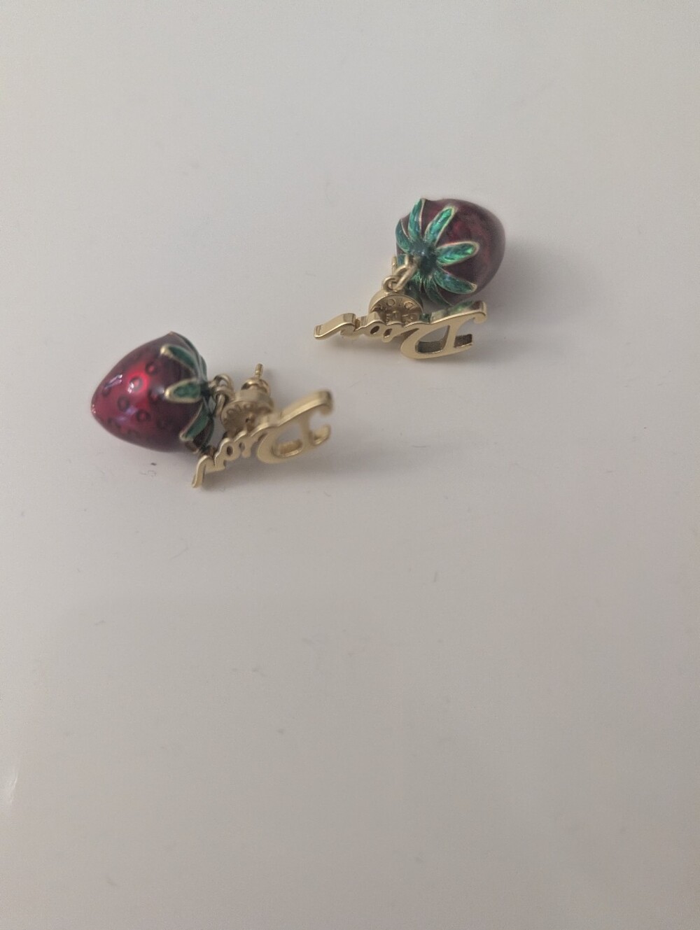 Dior Gold Strawberry Drop Earrings with Red and Green Accents